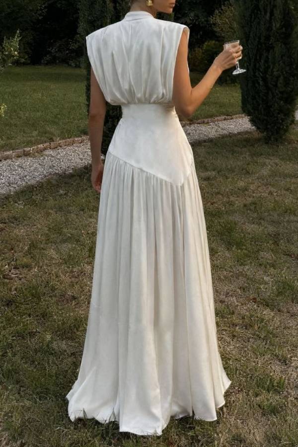 Deep V Sleeveless Waist-Cinched High Slit Satin Evening Gown