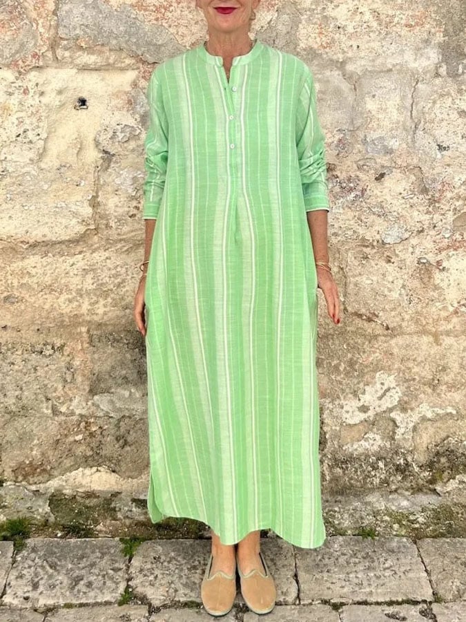 Women's Casual Long Sleeve Striped Print Button Dress