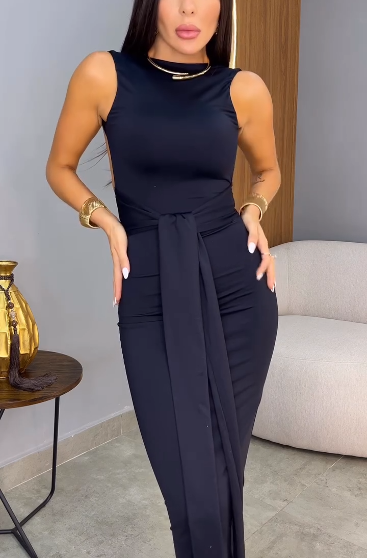 High-Neck Wrap-Tie Waist Bodycon Maxi Dress