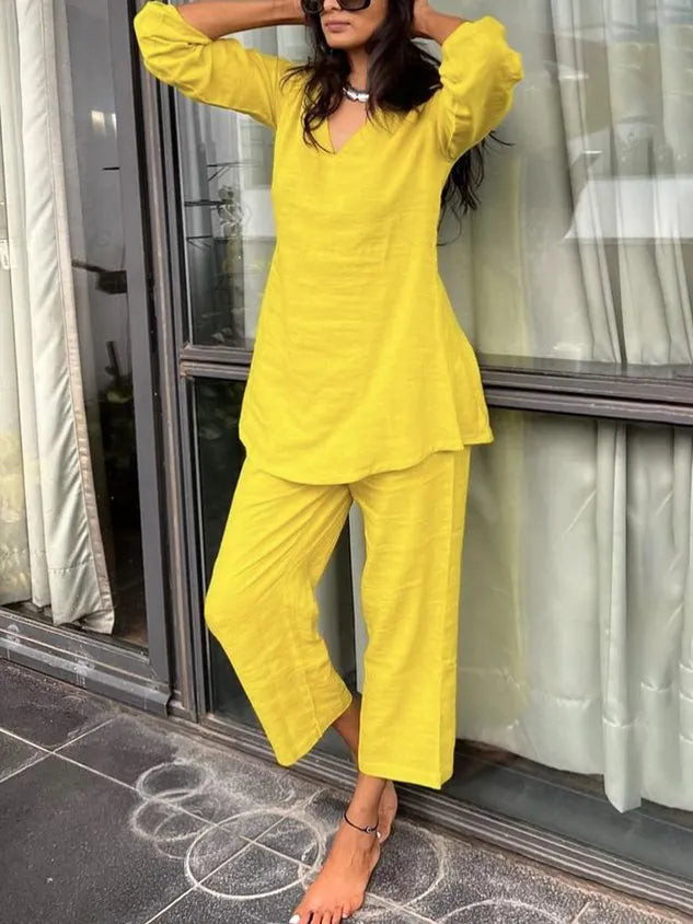 Linen Blend Casual Plain V Neck Blouse