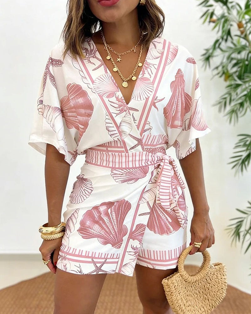 Starfish & Seashell Print Overlap V Neck Half Sleeve Wrap Knot Side Romper Casual Stretchy Back Waist Vacation Romper