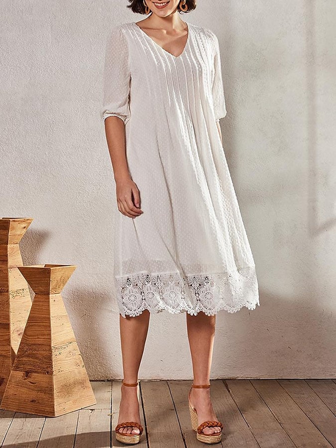 Women's Casual V-neck Solid Color Mid-length Sleeve Pleated Lace Splicing Dress