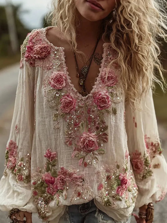 Women's Vintage Rose Floral Embroidery Art Comfy Linen Shirts