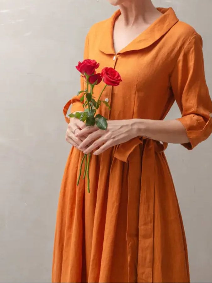 Women's Casual Solid Color Lapel Mid Sleeve Button Shirred A-Line Dress