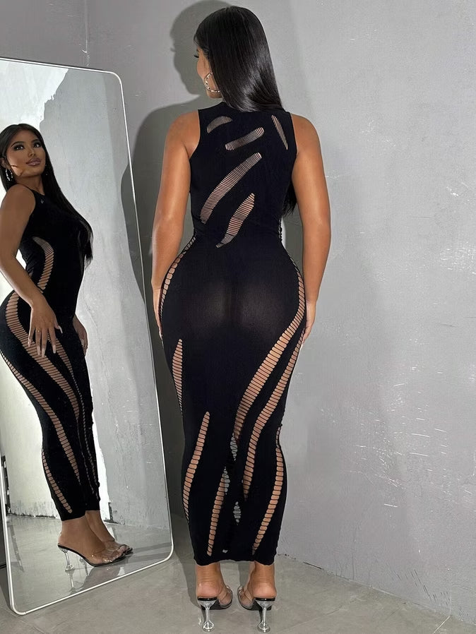Sleeveless Sheer Cutout Bodycon Dress – Sexy Mesh Hollow-Out Mini Dress
