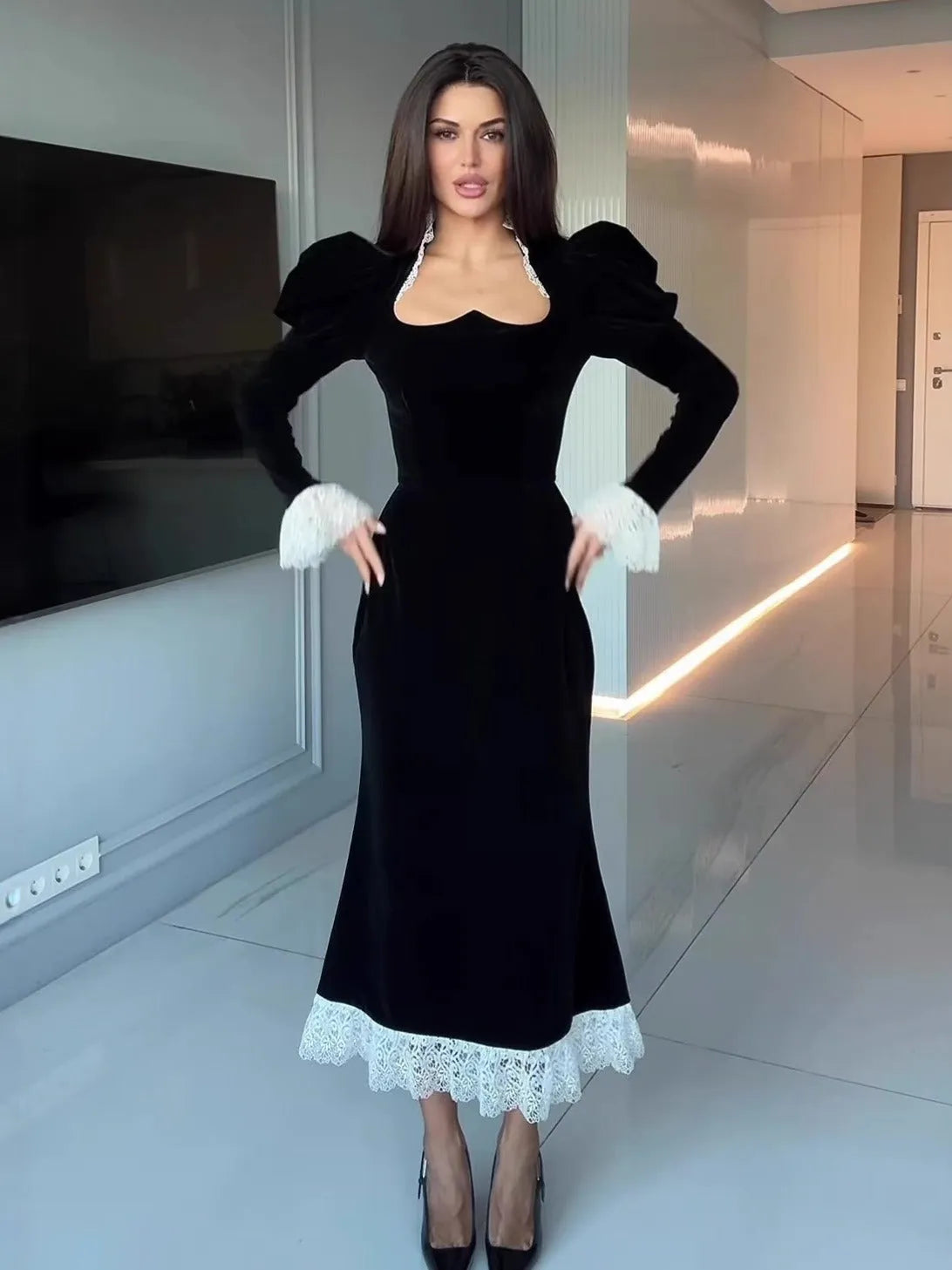 Velvet & Lace-Trimmed Maxi Dress