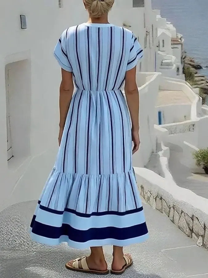 Women's Holiday Round Neck Short Sleeve Striped Printed Cotton and Linen Dress
