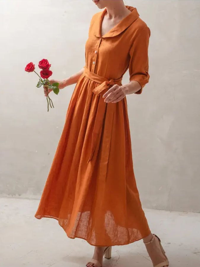 Women's Casual Solid Color Lapel Mid Sleeve Button Shirred A-Line Dress