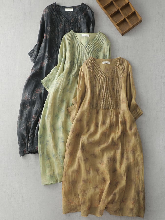 Printed V-Neck Minimalist Thin Linen A-Line Dress