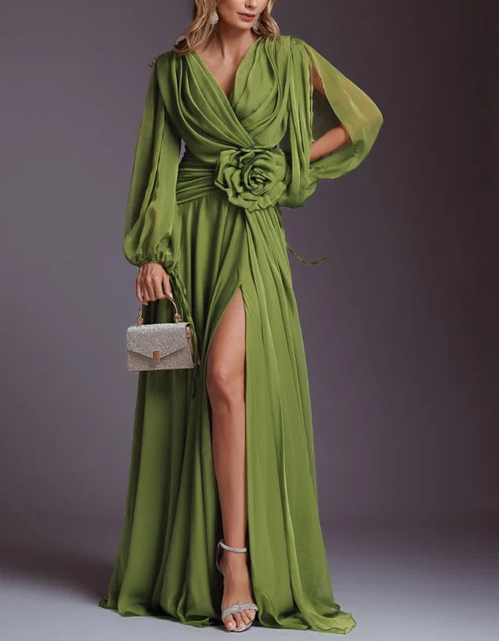Flower Pleated Chiffon Wedding Dress Long Buff Sleeve Flowy V-neck Maxi Dress