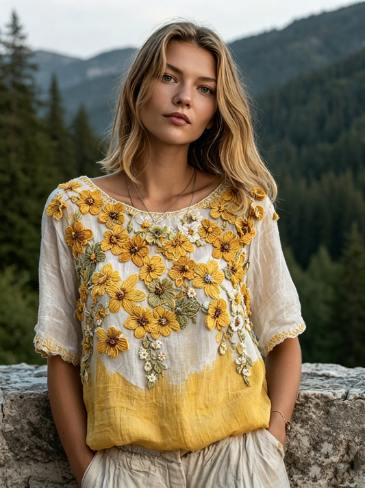 🌼 Women's 3D Floral Embroidered Ombre Boho Blouse