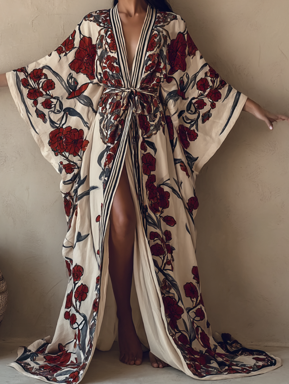 Women's Red Hollyhock Kimono Linen Robe (Including Belt)
