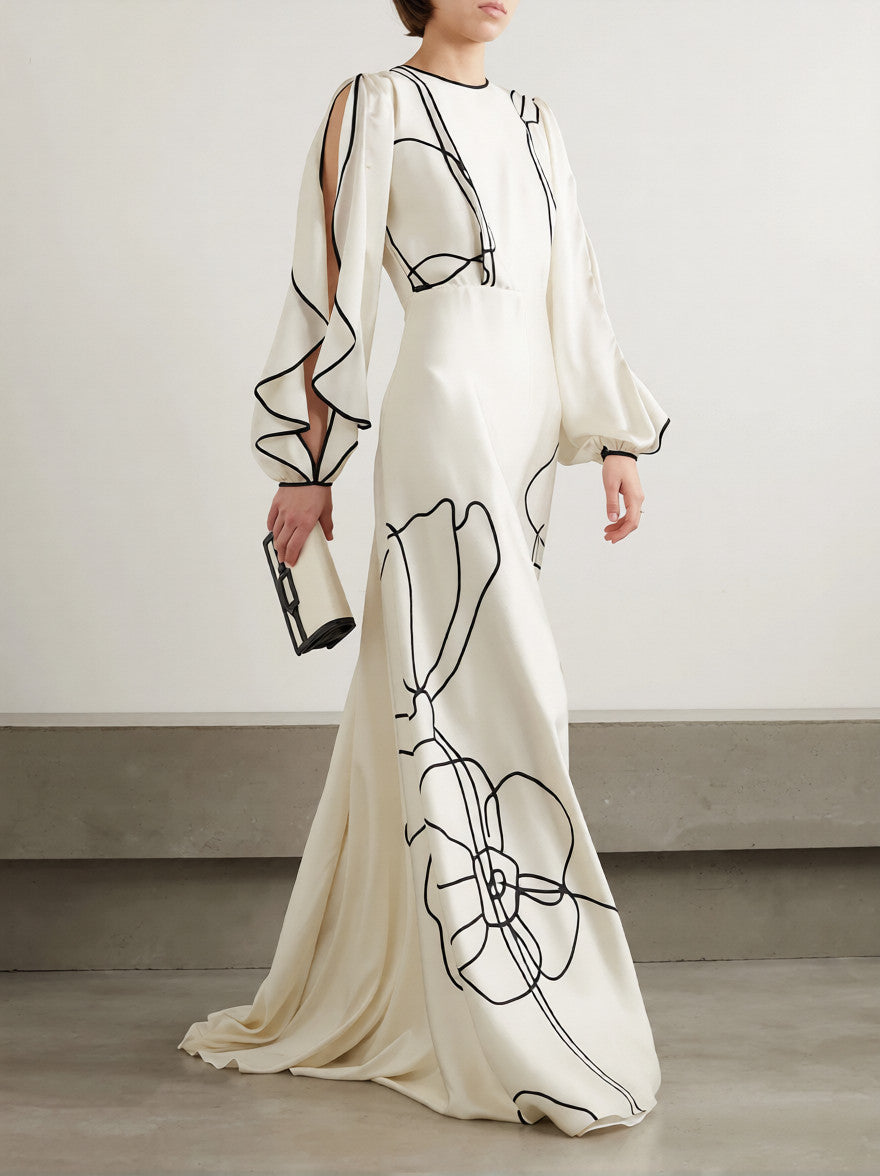 Loose Contrast Color Falbala Flower Print Hollow Zipper Maxi Dresses