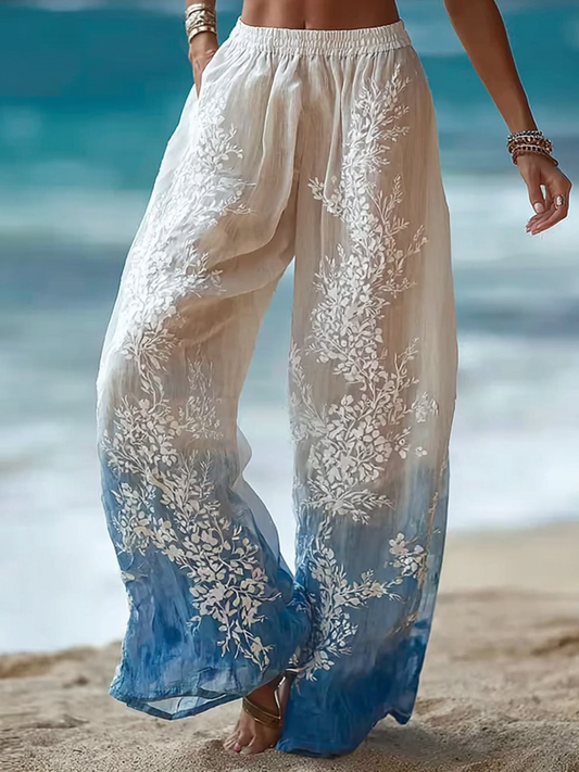 Bohemian Style Plant Flower Gradient Color Casual Long Pants