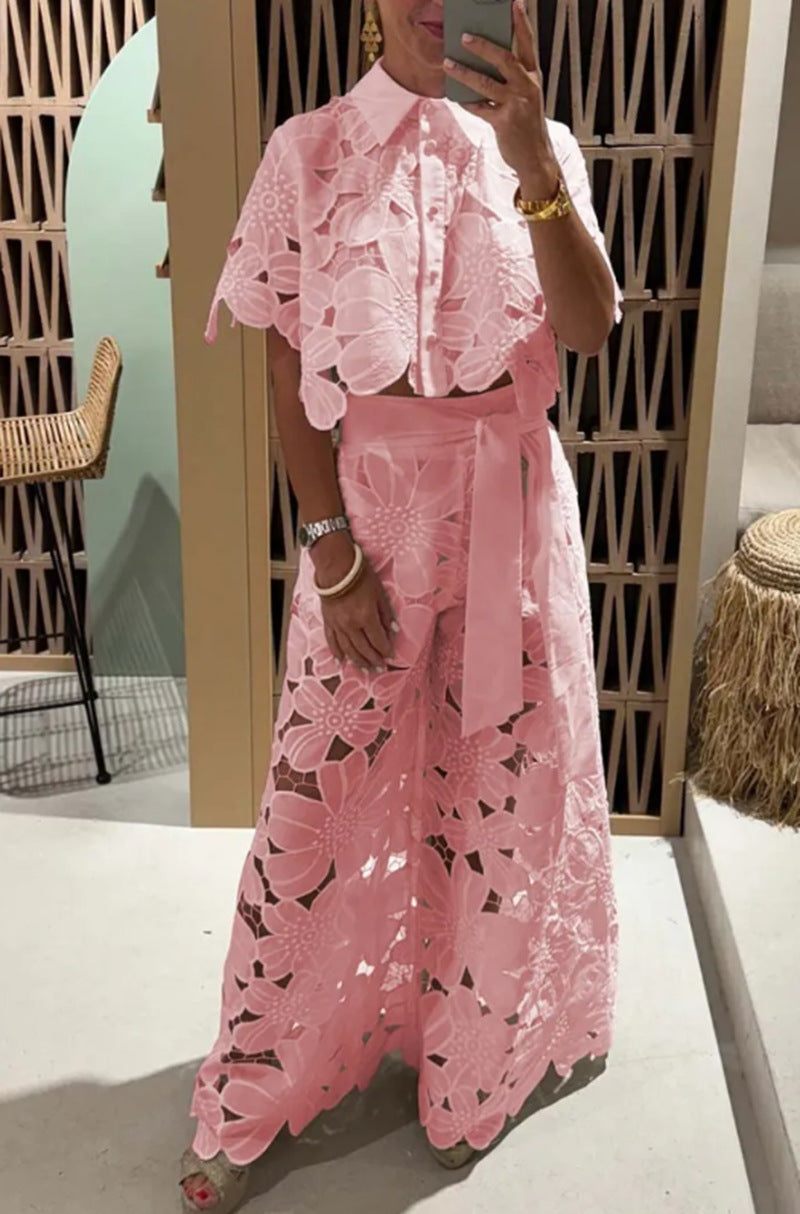 Solid Color Lace-Up Knit Top & Wide-Leg Pants Two-Piece Set
