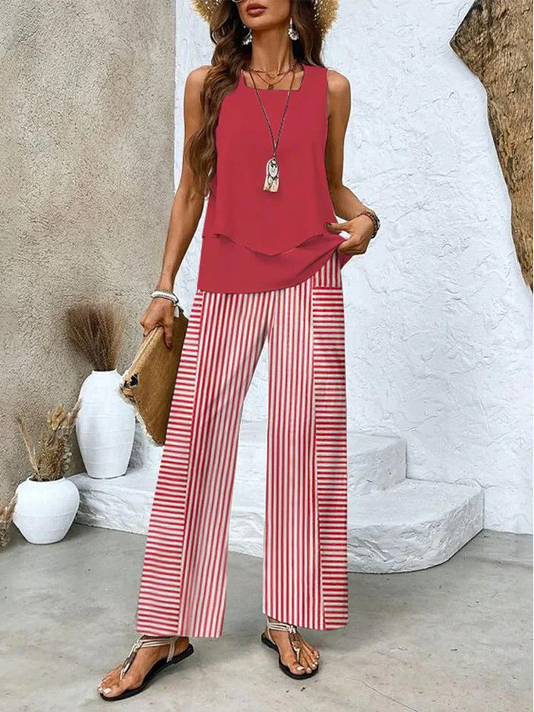Women's Plain Two-Piece Set Daily Sleeveless Casual Summer Top With Pants Matching Set