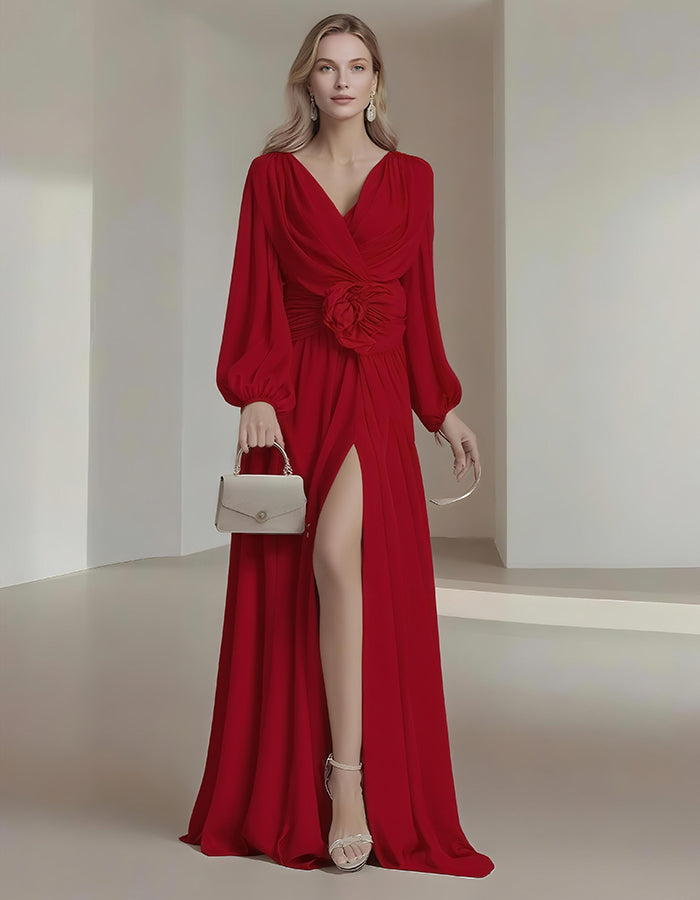 Flower Pleated Chiffon Wedding Dress Long Buff Sleeve Flowy V-neck Maxi Dress