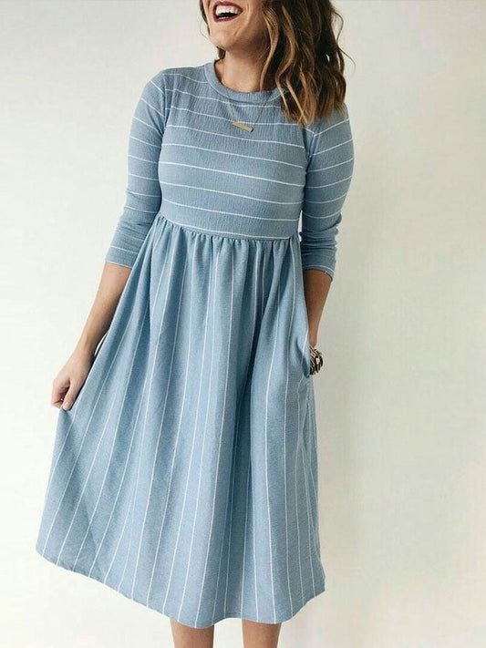 Women'S Casual Round Neck Long Sleeve Striped Print Patchwork Dress