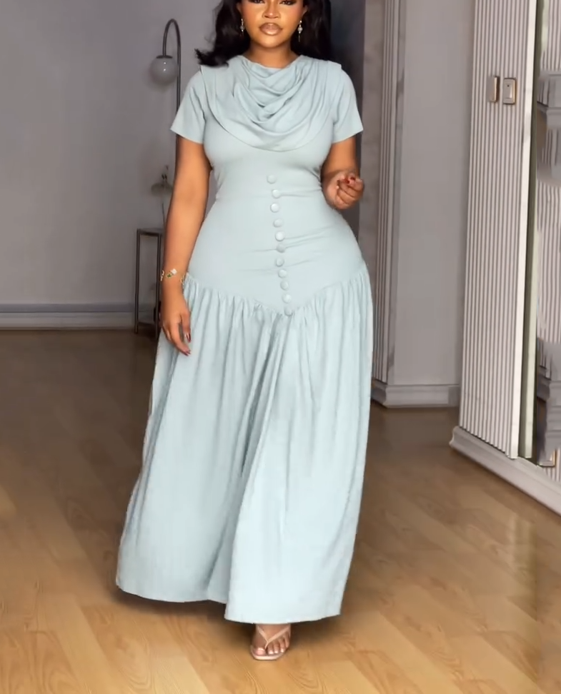 Cowl Neck Button Detail Gathered Maxi Dress