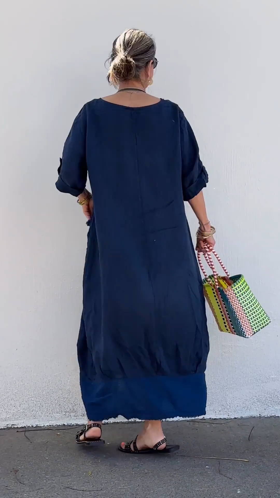 Oversized Linen Maxi Dress with Fringe Hem & Patch Pocket
