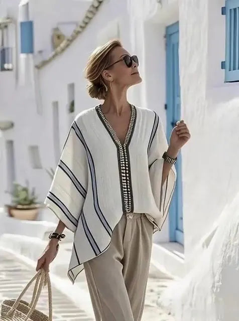 Women'S Loose Striped Print Irregular Hem Top