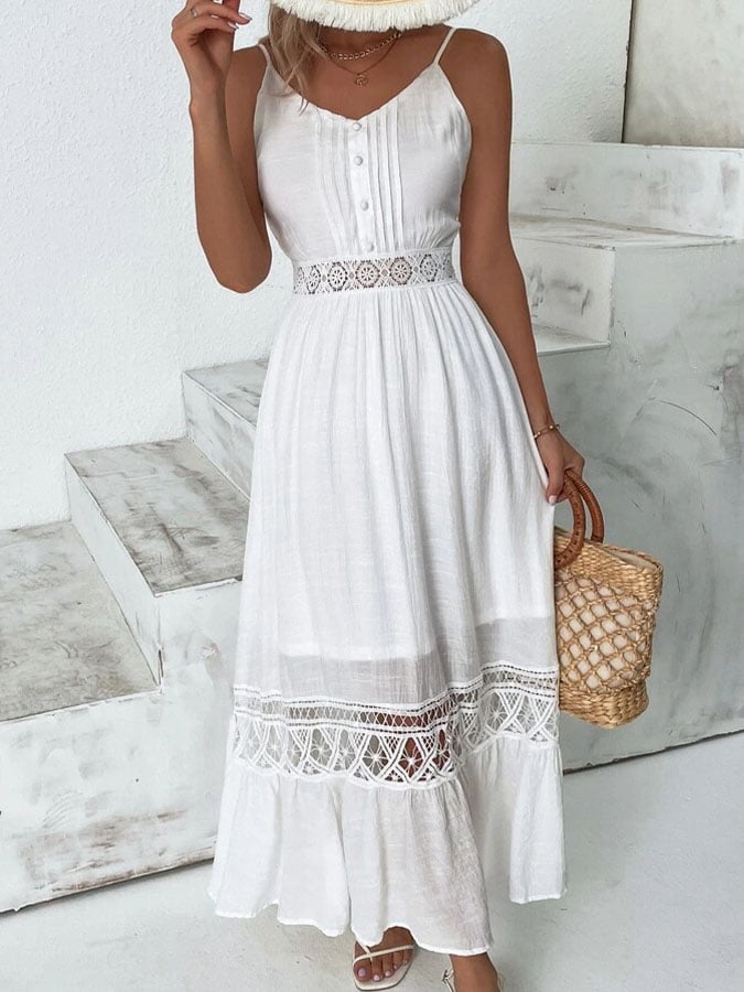 Women's Casual Solid Color Suspender Lace Pleated Dress