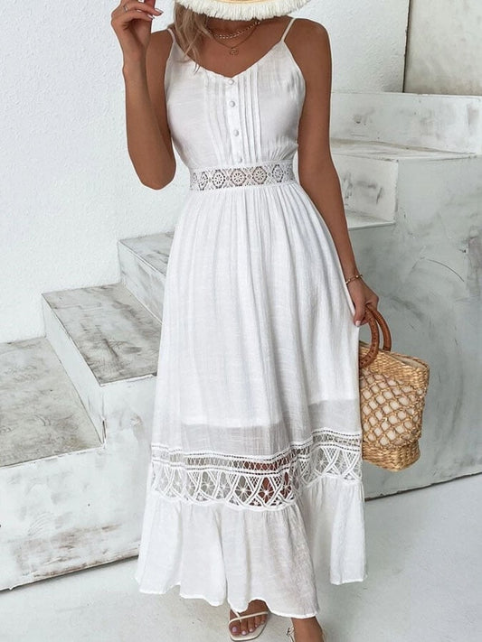Women's Casual Solid Color Suspender Lace Pleated Dress