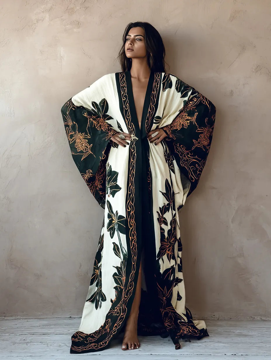 Women's Black Maple Leaf Kimono Linen Robe