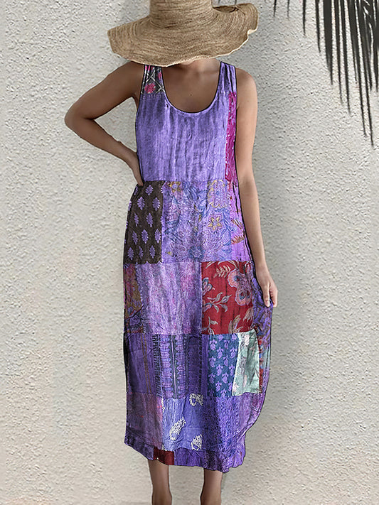 Vintage Bohemian Geometric Floral Art Linen Blend Dress