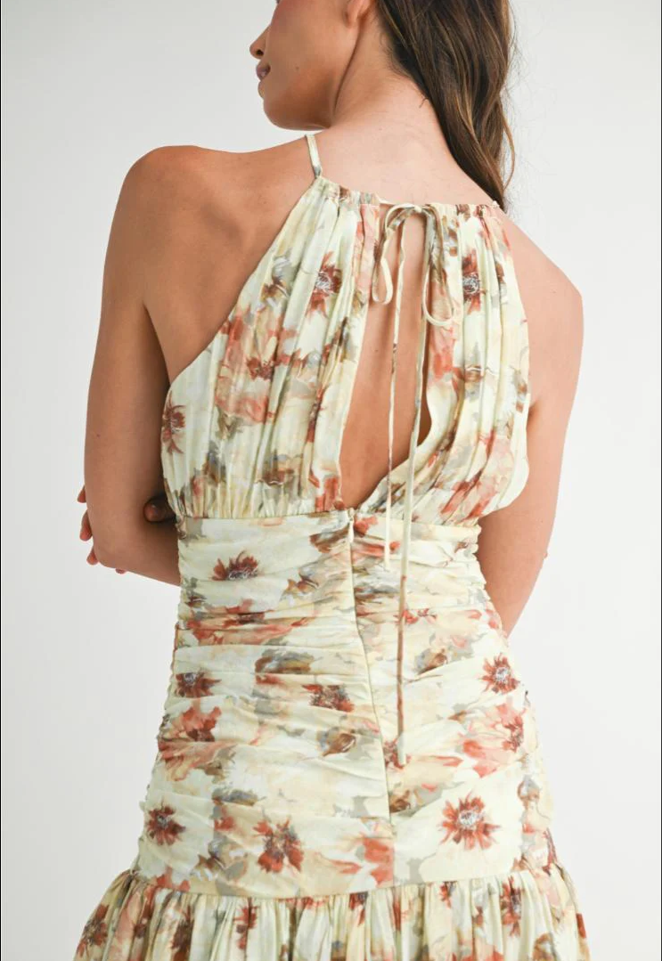 Summer Floral Print Ruched Halter Midi Dress