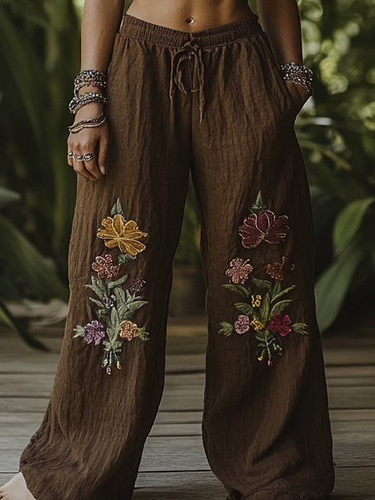 Vintage Bohemian Forest Floral Art Printed Cotton Linen Wide Leg Pants