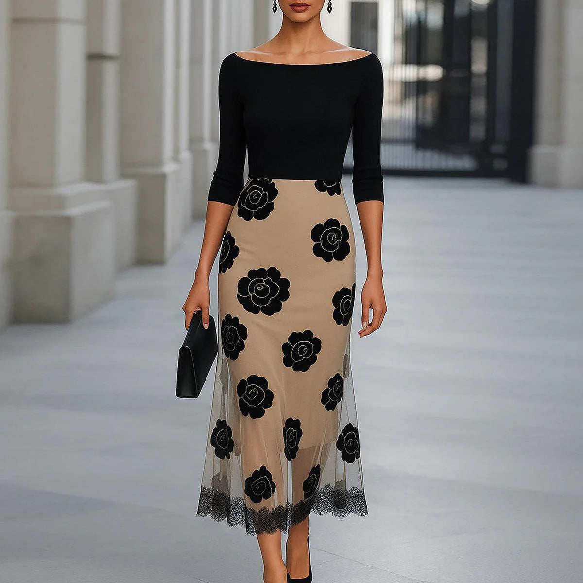 Elegant Off-Shoulder Top & Floral Lace-Hem Midi Skirt Set