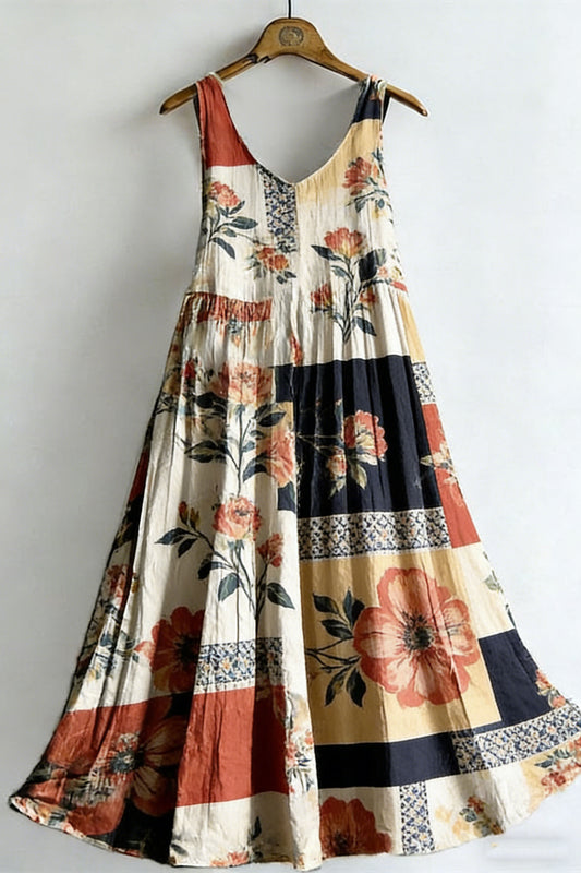 Women's Vintage Floral Colorblock Sleeveless Cotton Dress