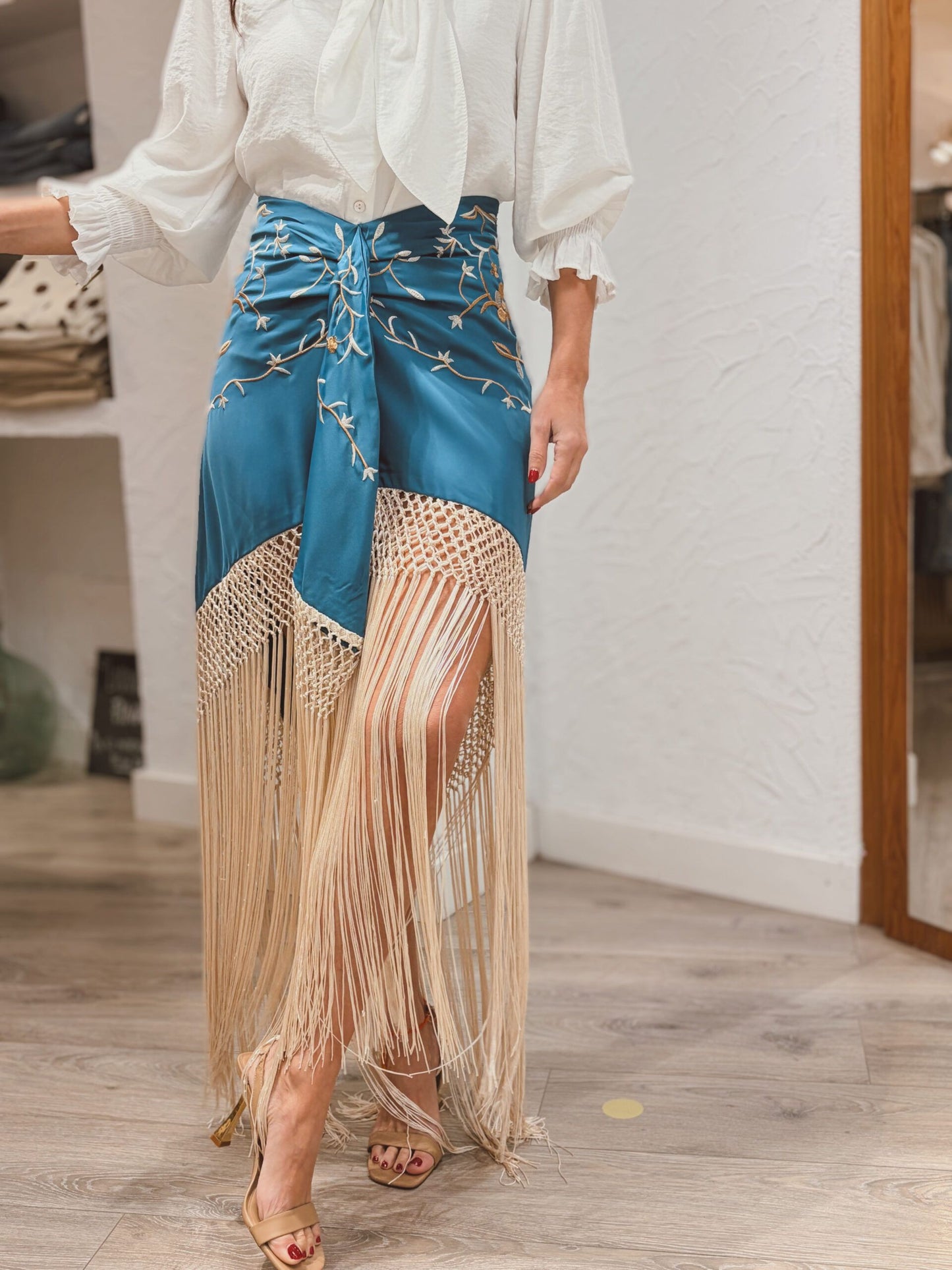 Boho Tie-Knot Satin Skirt with Long Fringe
