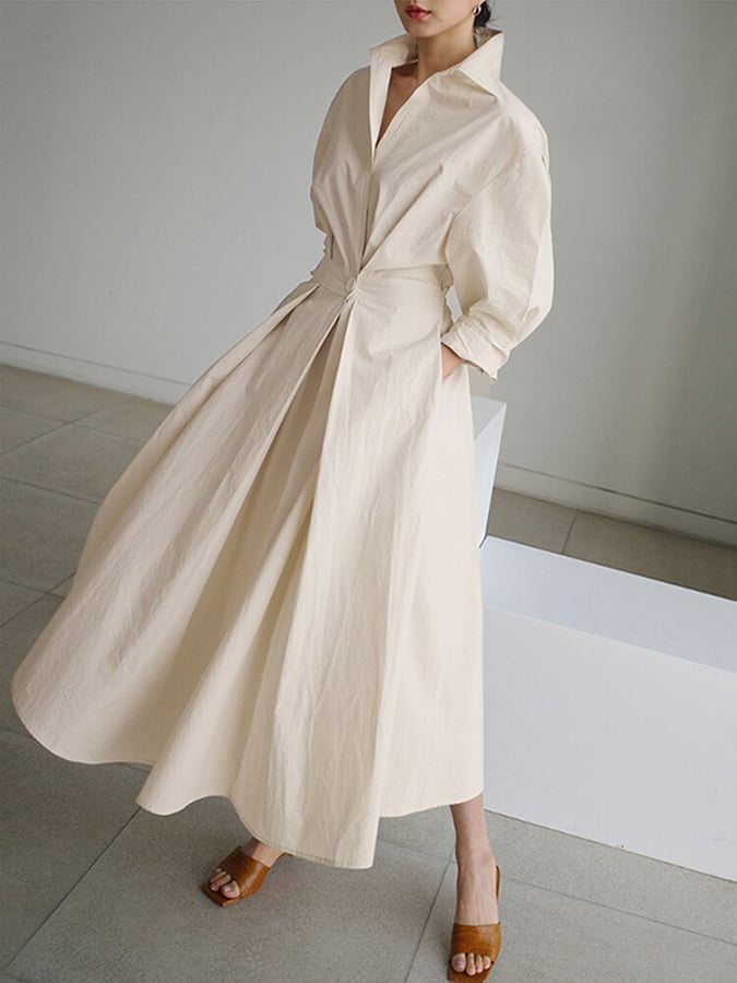 Women's Solid Pocket Button Lapel Long Sleeve Maxi Shirt Casual Dress