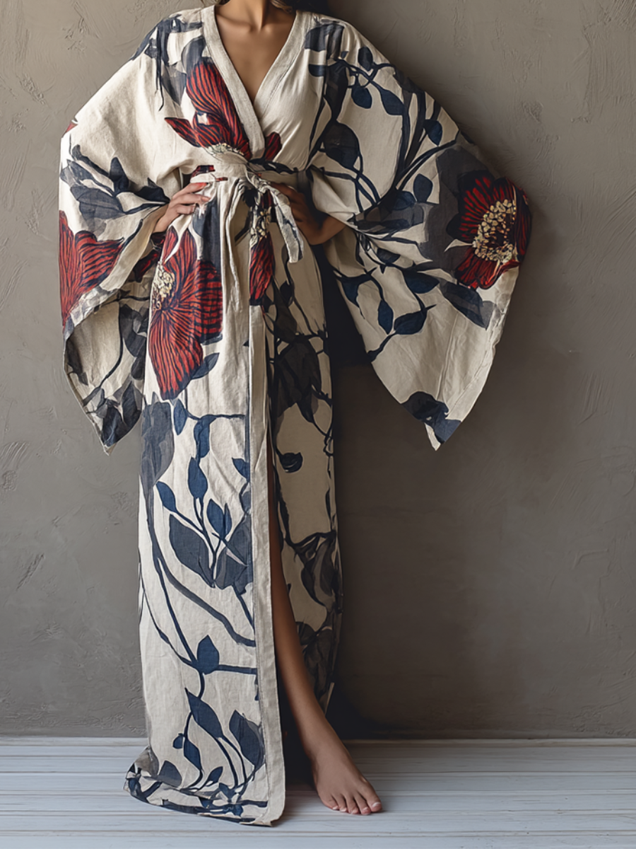 Women's Black and Red Floral Kimono Linen Robe (Including Belt)