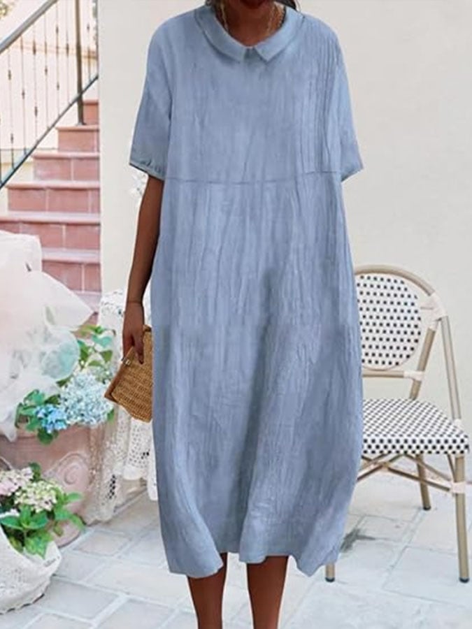 Women's Casual Solid Color Lapel Short Sleeve Cotton and Linen Dress