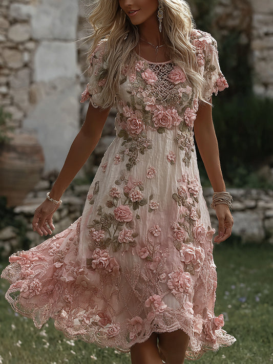 Women's Vintage Boho Floral Art Flowy Linen Blend Casual Short Sleeve Dress