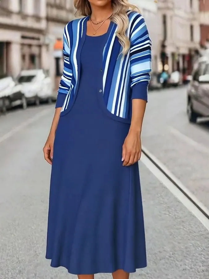 Women's Casual Round Neck Contrast Color Printed Vest Dress and Cardigan Set