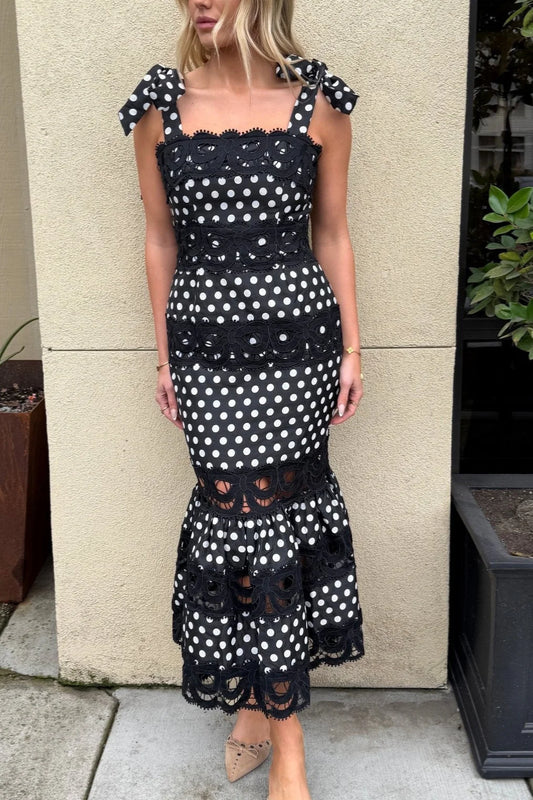 Black & White Polka Dot Lace Cutout Midi Dress