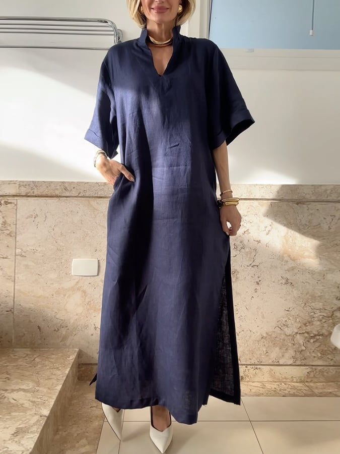 Women's Casual V-Neck Slit Mid-Sleeve Cotton and Linen Dress