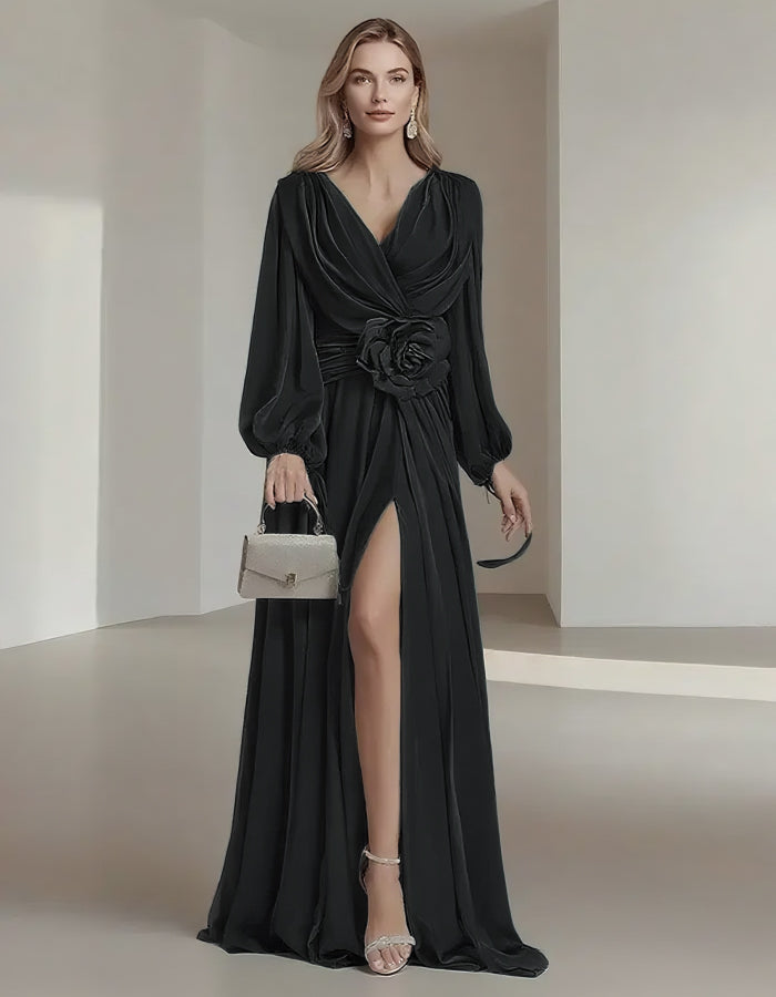 Flower Pleated Chiffon Wedding Dress Long Buff Sleeve Flowy V-neck Maxi Dress