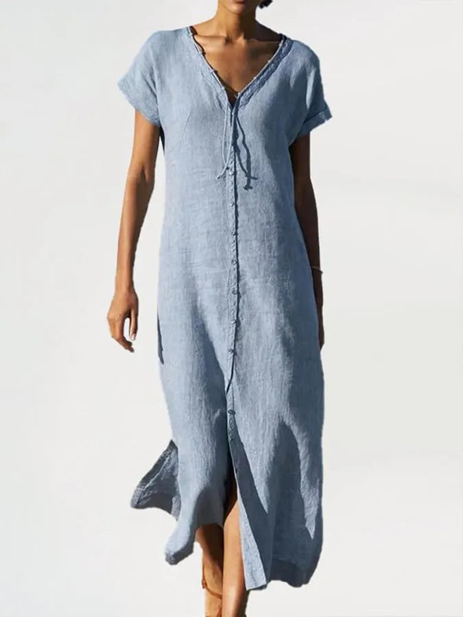 Ladies V-Neck Slit Buttoned Cotton And Linen Dress