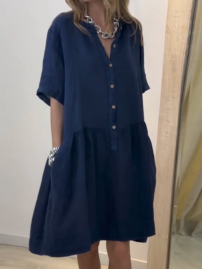 Women'S Casual Solid Color Half-Button Cotton And Linen Dress