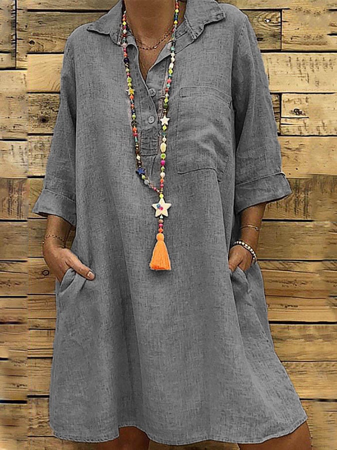 Ladies Plus Size 3/4 Sleeve Shirt Collar Casual Dress
