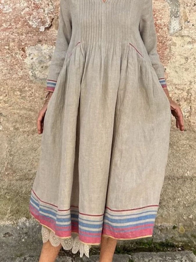 Women's Casual V-Neck Long Sleeve Striped Print Pleated Dress