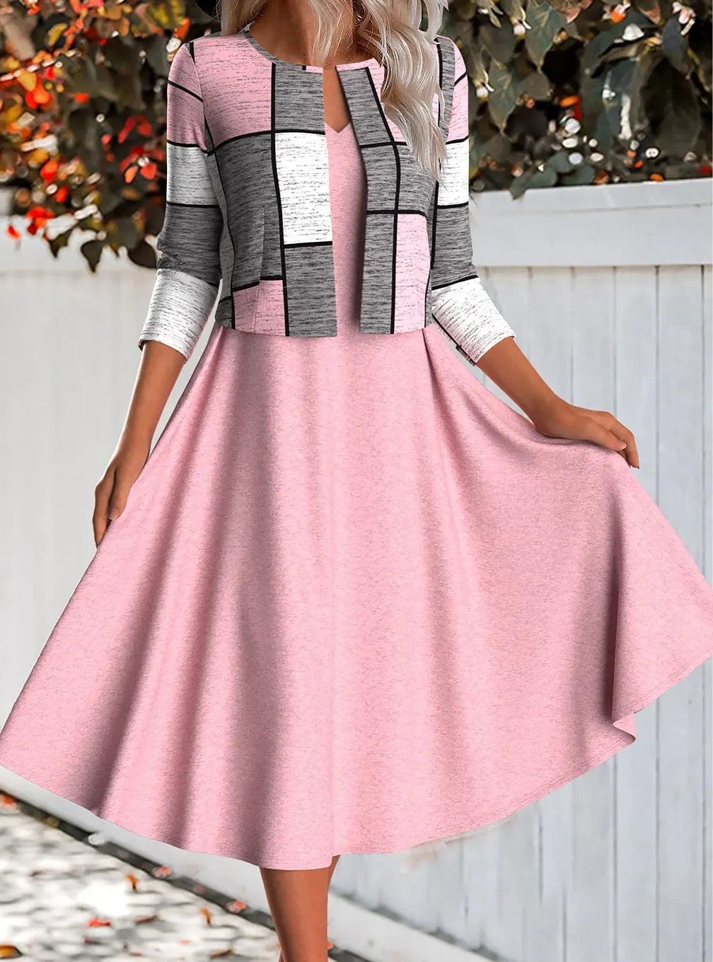 Women's Casual V-Neck Vest Dress and Contrast Color Cardigan Set