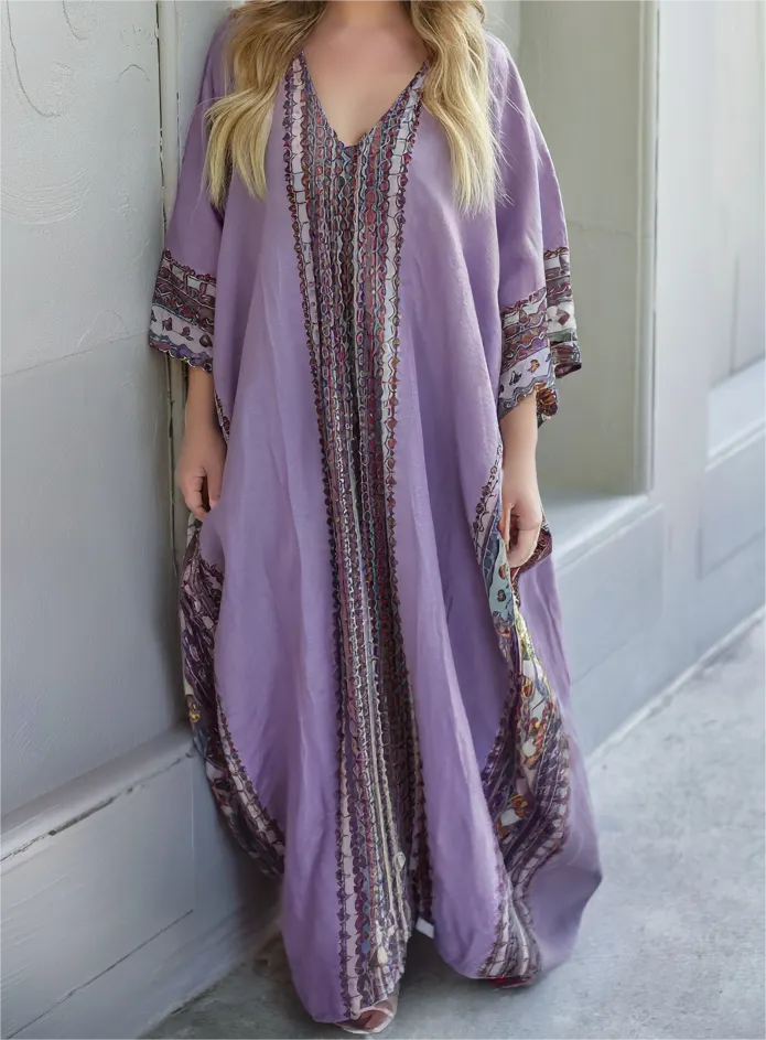 Contton & Linen  Long Sleeve  Kaftan Maxi Dress
