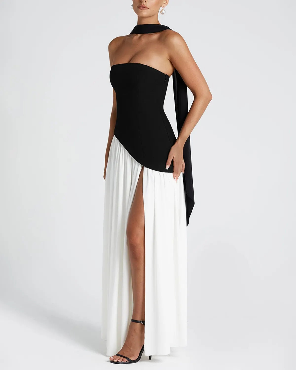 Elegant Vintage Sheath High Split Tea Solid/Black and White Colorblock Maxi Dress