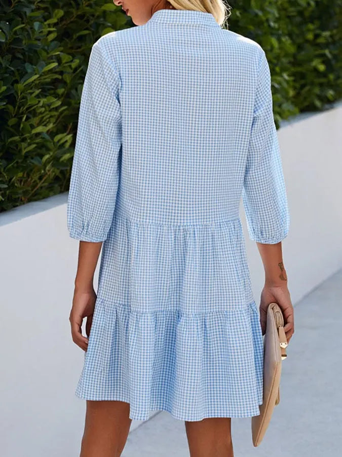 Women'S Casual Plaid Print V-Neck Three-Quarter Sleeve Shirt Dress